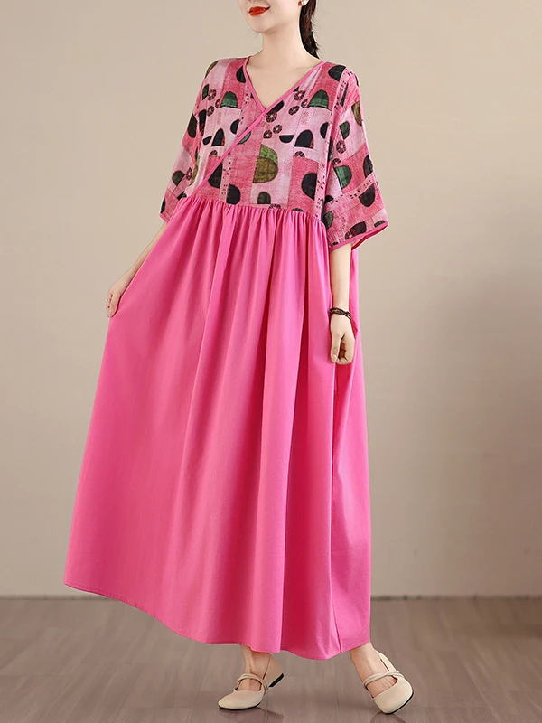 V-Neck Splice Cotton Lin Summer New Style Retro Dress plus Size Belly Concealing Loose Waist Short Sleeve A-Line Dress