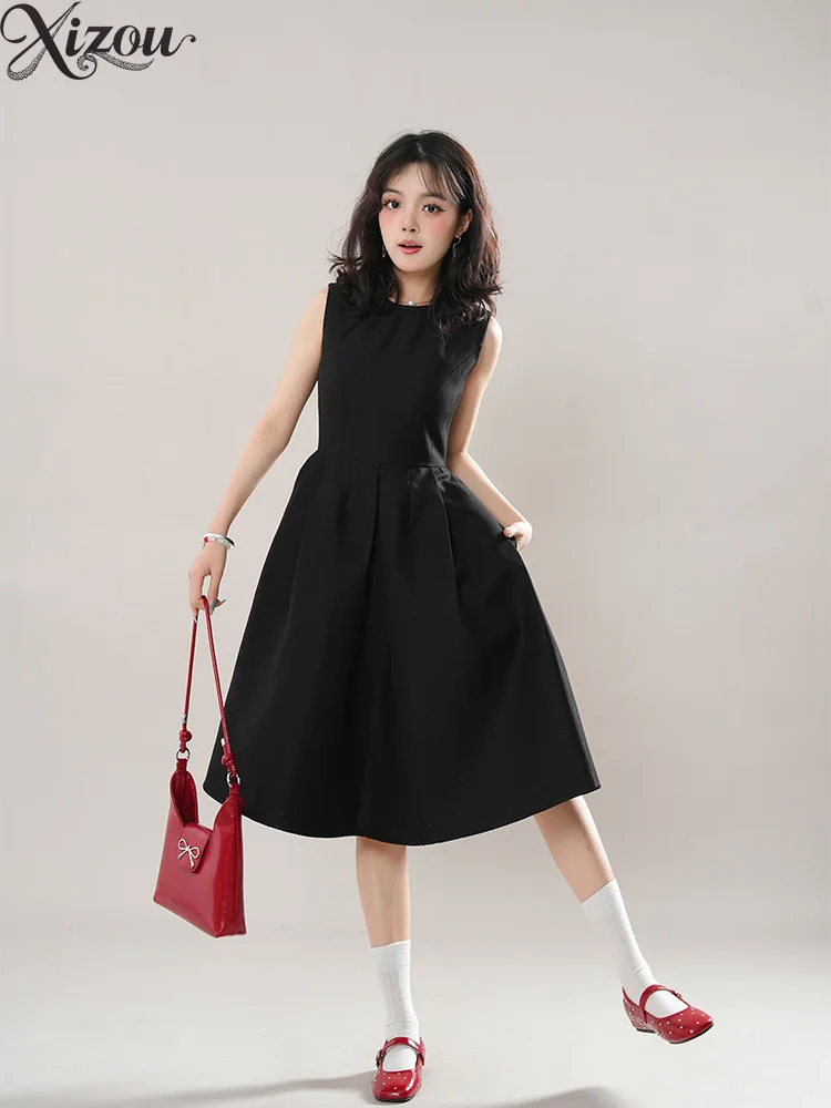 2025 verão feminino sem mangas cintura hepburn vestido francês a linha preto formal senhoras doce elegante festa coreano em torno do pescoço oferta