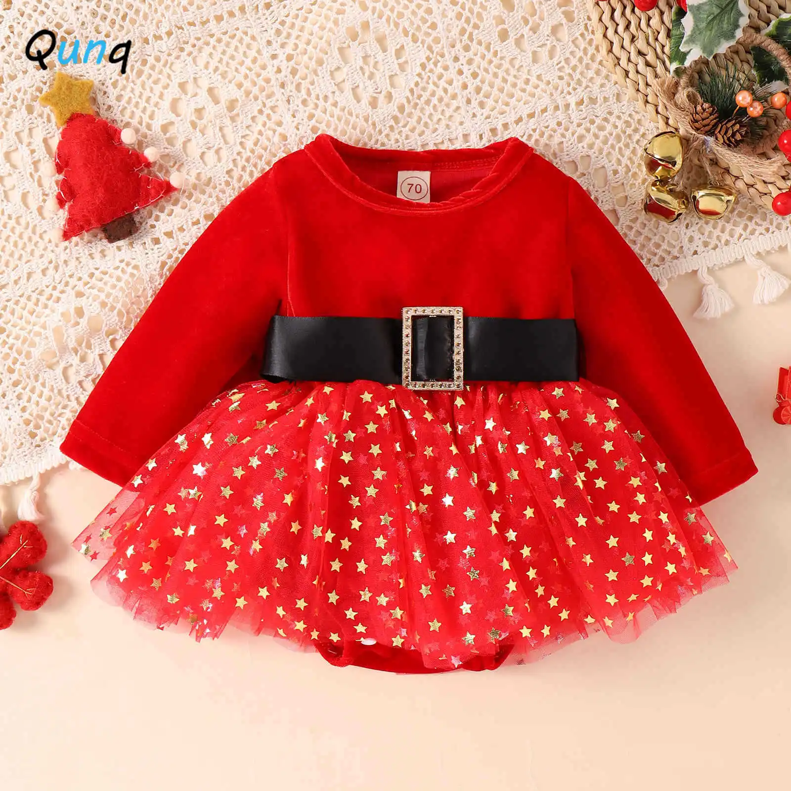 

Qunq 2023 Autumn Winter New Girls Golden Velvet Long Sleeve Spliced Sequin Mesh Rompers Dress Casual Kids Clothes Age 0T-2T