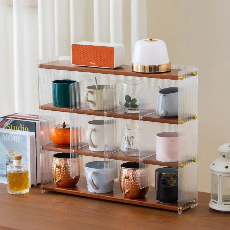 

Solid Wood Desktop Storage Shelf, Multi-functional Cup Holder for Home Use, Layered Desktop Dust-proof Cup Holder Kitchen
