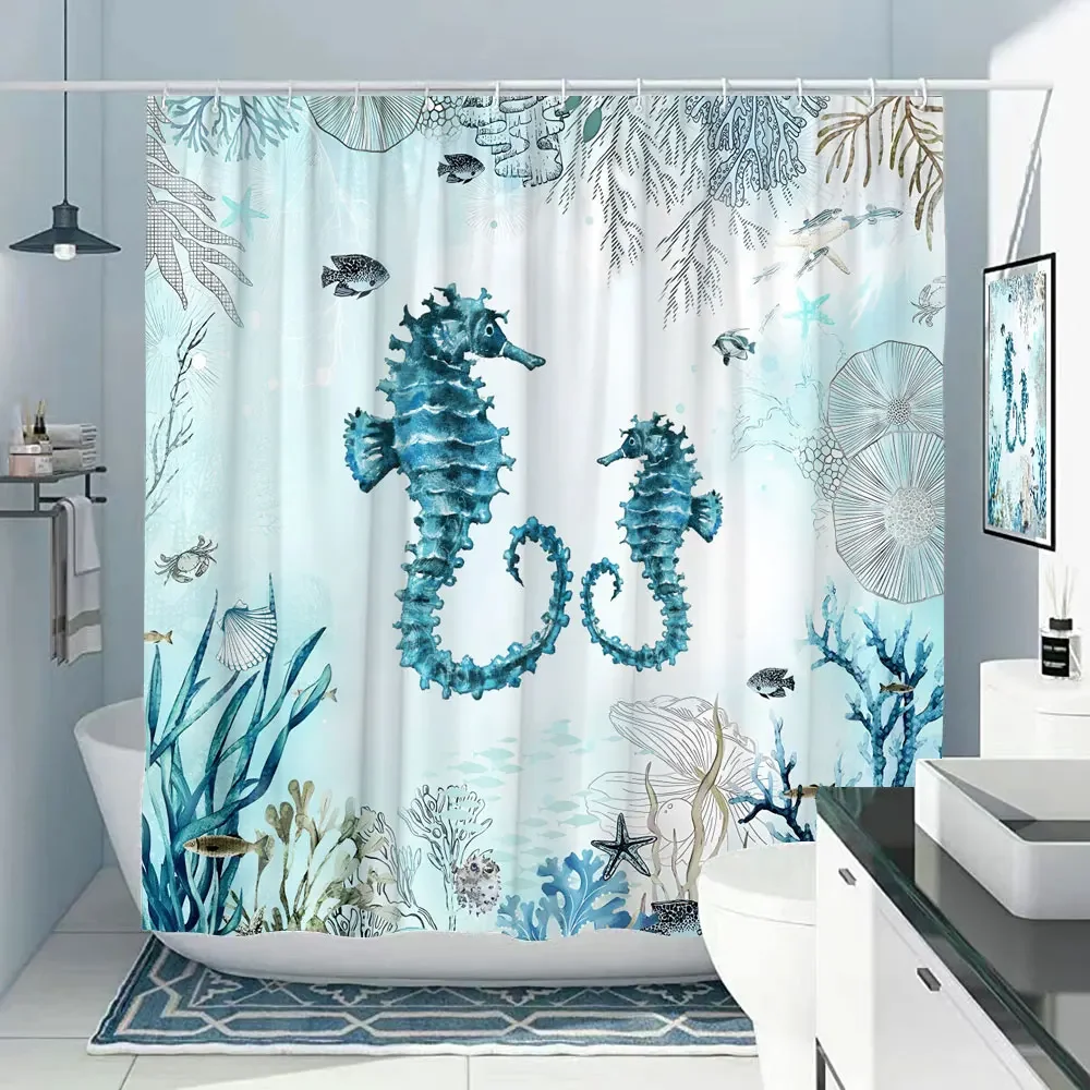 

Octopus Shower Curtain Nautical Ocean Sea Turtle Beach Coastal Blue Fish Seashell Jellyfish Fabric Bath Curtains Bathroom Decor