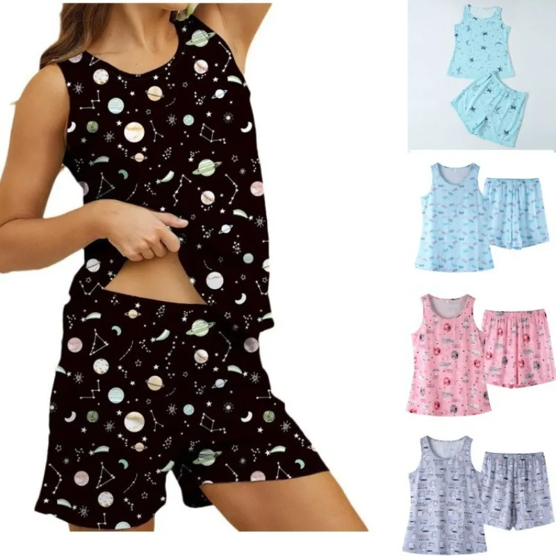 Summer Print Round Neck Shorts Tank Set Women's Home Lounge Wear
