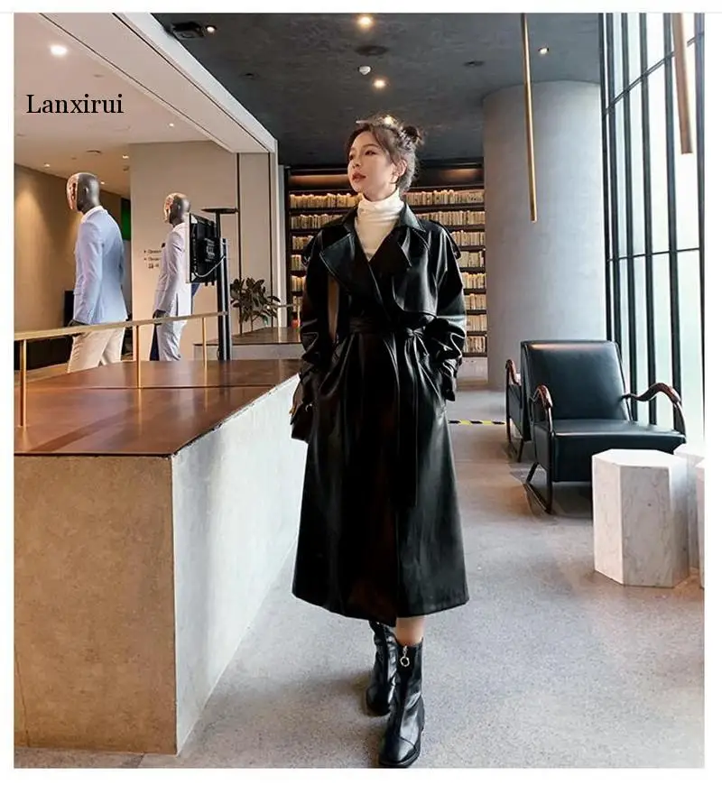 Lanxirui Spring Black Oversized Long Waterproof Leather Trench Coat for Women  Long Sleeve Loose Korean Fashion Clothing