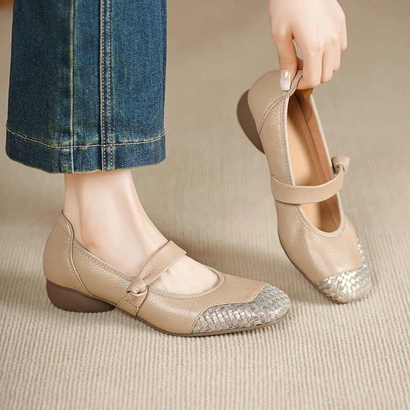 

Женские туфли-лодочки, туфли-лодочки на толстом каблуке 3 см с квадратным носком, черные абрикосовые женские туфли в стиле ретро, кожаные туфли ручной работы с цветком Eelgant A135