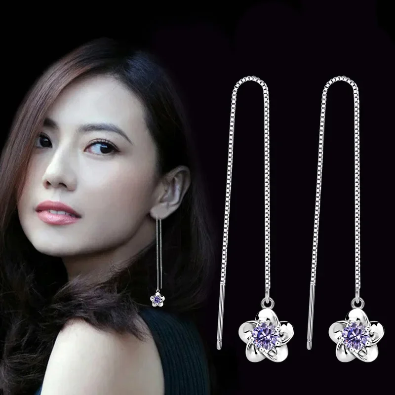 Long Chain Tassel Drop Earrings Purple Zircon Stone Flower Pendant Elegant Dangle Earring Piercing Line Jewelry Accessories Gift