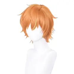 Womens Pjsekai Akito Shinonome Wig Cosplay Anime Halloween Costume Short Orange Yellow Streak Hair with Wigcap