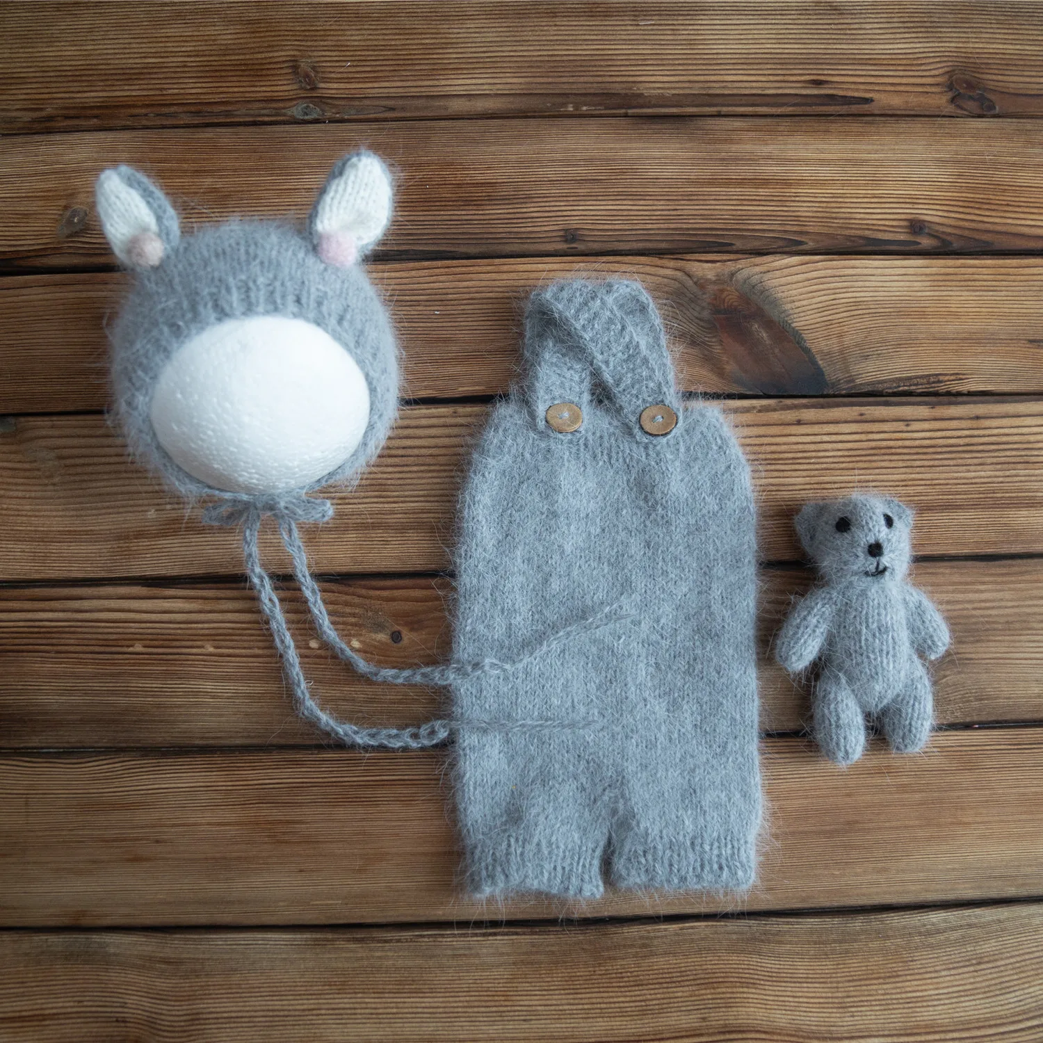 Grey Angora Knitted Overalls Hat Toy Set Photography Props Newborn Sewing Dress Romper Baby Girl Outfit Photo Props