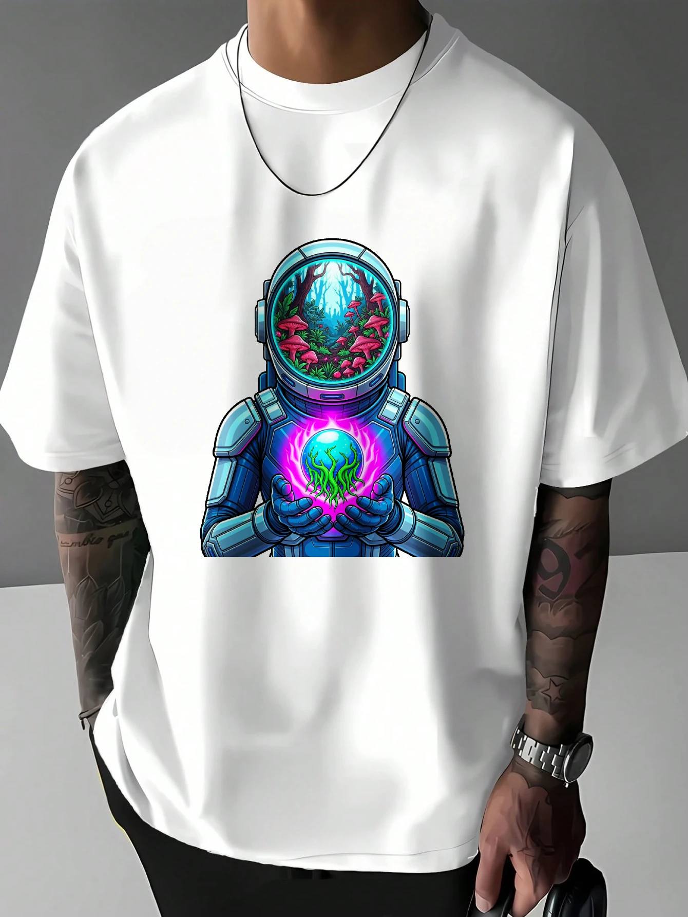 Mens Astronaut Mushroom Forest Graphic T Shirt Psychedelic Surreal Art Print Short Sleeve Crew Neck Casual Cotton Male Daily Tee