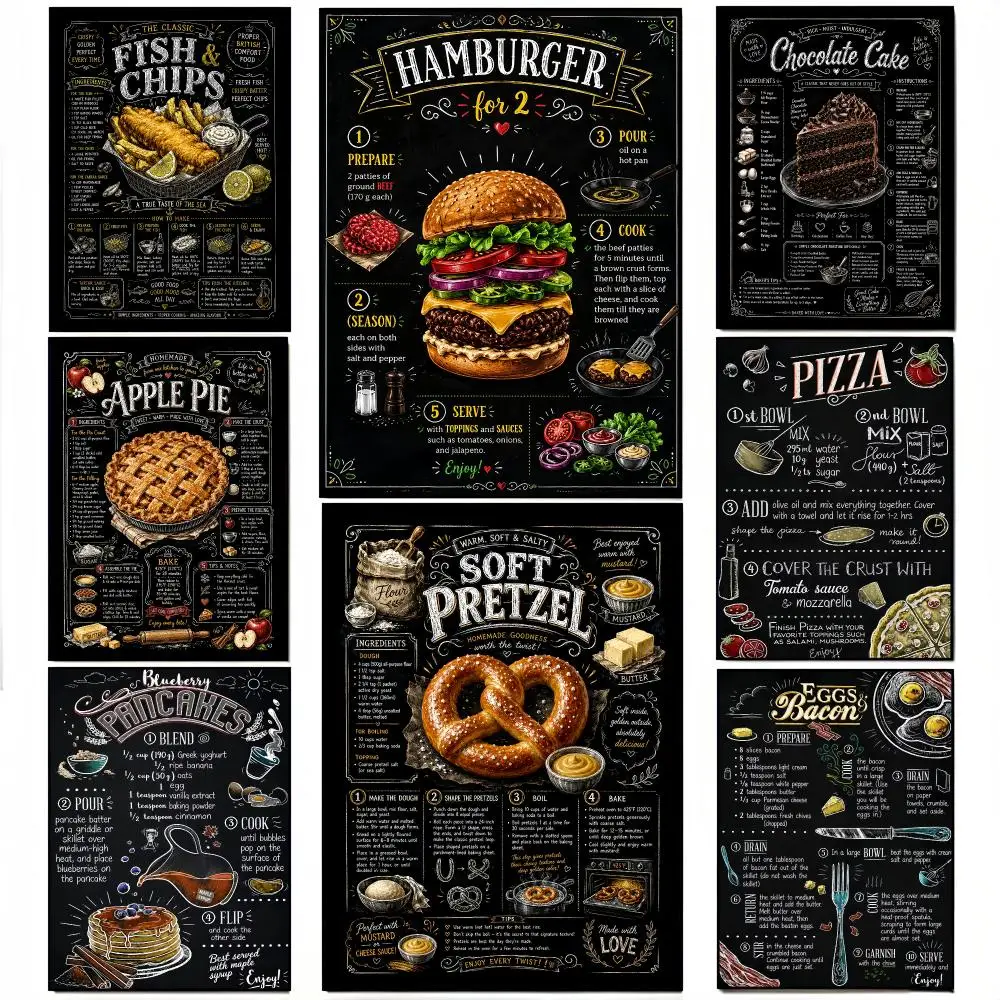 Vintage Chalkboard Recipe Food Illustration Painting Calligraphy Stylish Canvas Poster Wall Art for Bedroom Study Home Decor