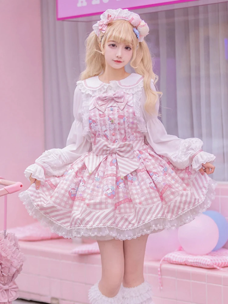 

Sweet Lolita Style Cartoon Print Princess Dress Women Cute Bow Lace Party Strap Dresses Girly Harajuku