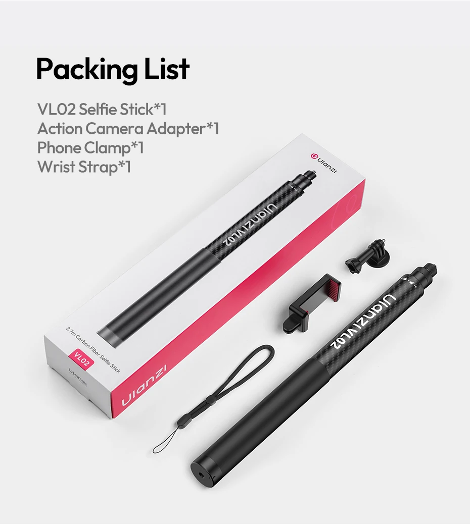 Ulanzi VL02 2,7 m Kohlefaser-Selfie-Stick, 8-teilig, mit 1/4 Zoll Halterung für Smartphone-Action-Kameras, Live-Streaming, Vlog-Aufnahmen – Detail 14