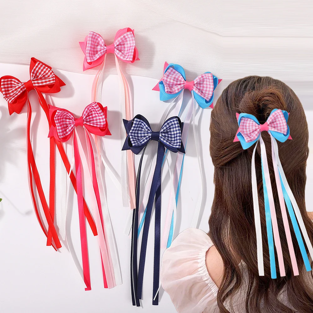 

2 шт./компл., детские модные заколки с бантом и лентой, длинные заколки для волос, заколки, повязка на голову для девочек, аксессуары для волос