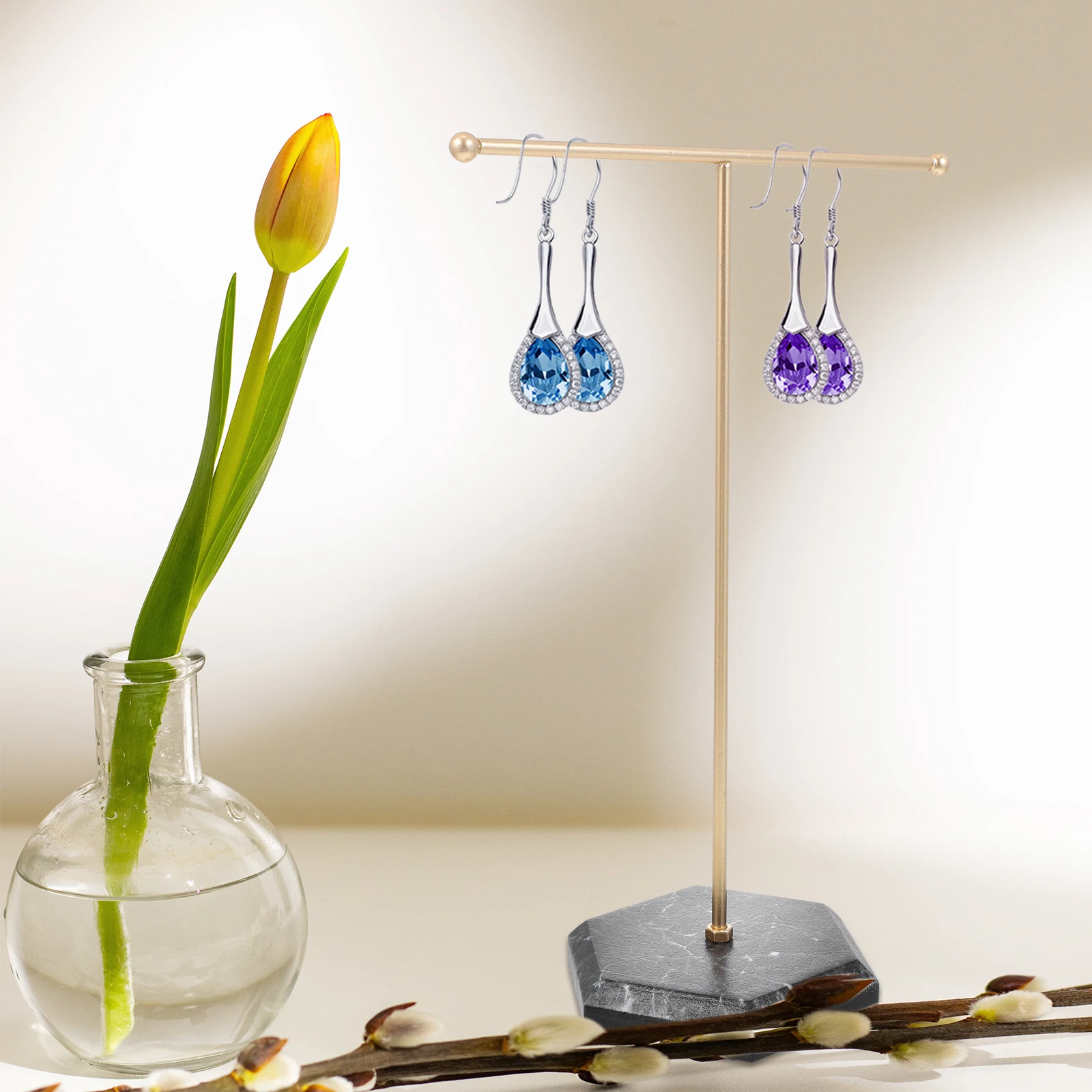 

Sturdy Jewelry Display Stand T-Bar Necklace Holder Earring Rack Marble Base Durable Organizer Earring Stand T Plated Metal