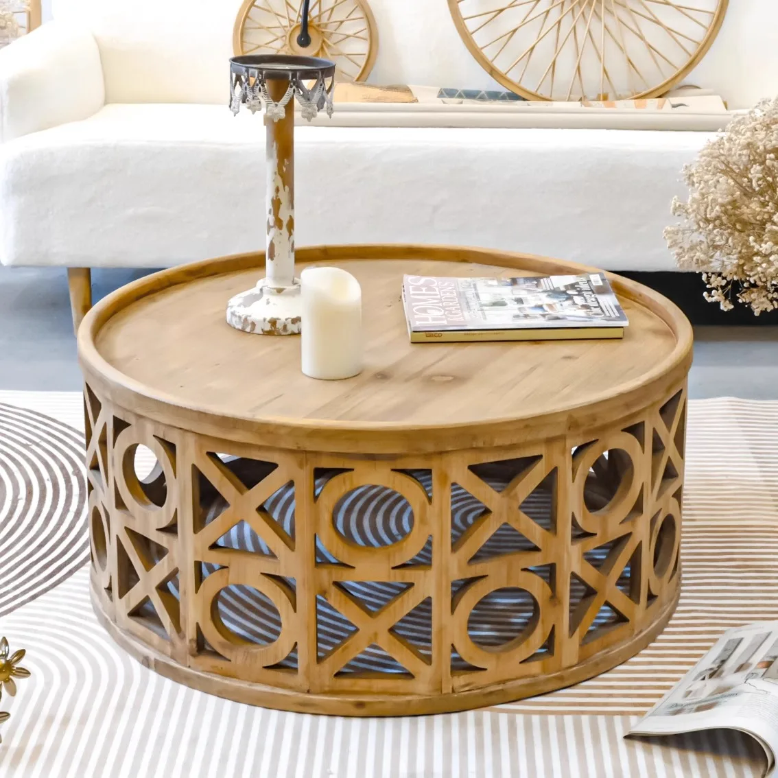 

American, retro, solid wood, hollow, coffee table, round, creative, pastoral, simple, side table, bed and breakfast, hotel, log