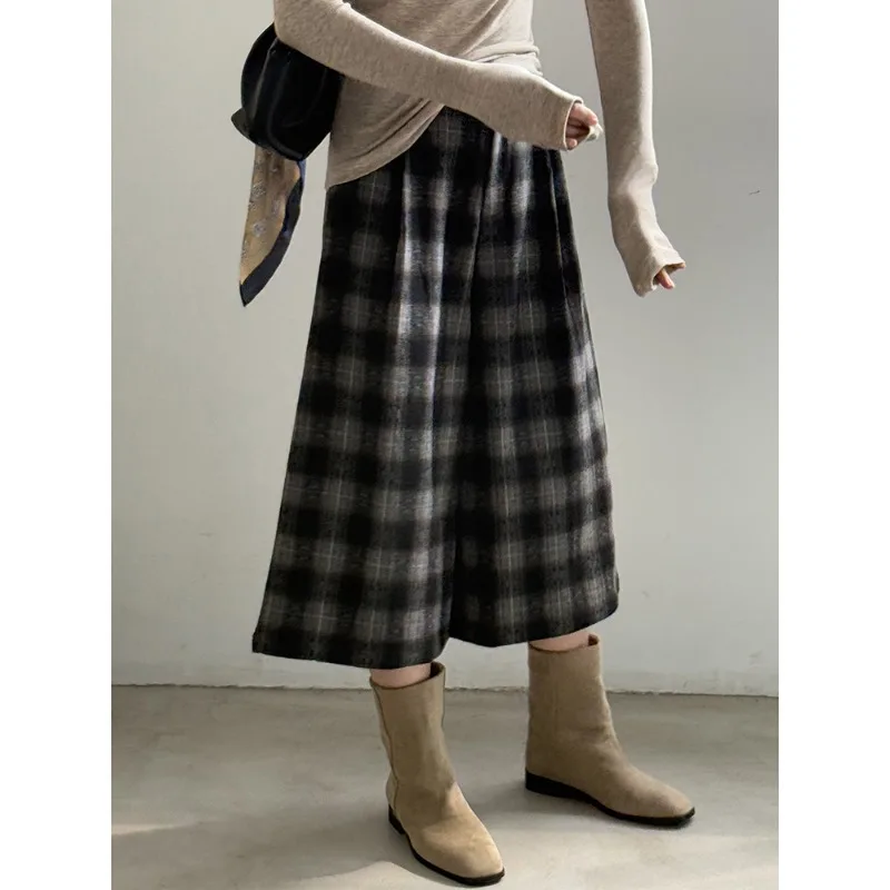 Autumn and Winter Versatile Straight Retro Woolen Plaid Wide-leg Pants Women's Casual Cropped Pants