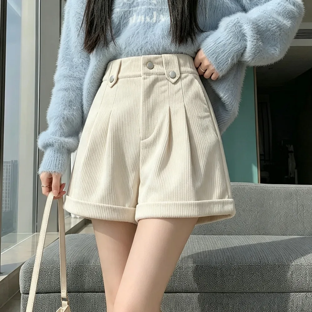 Simple Fashion 2026 Autumn Winter New Solid Color Corduroy Versatile Shorts Women High Waist a Word Wide Legs Casual Short Pants