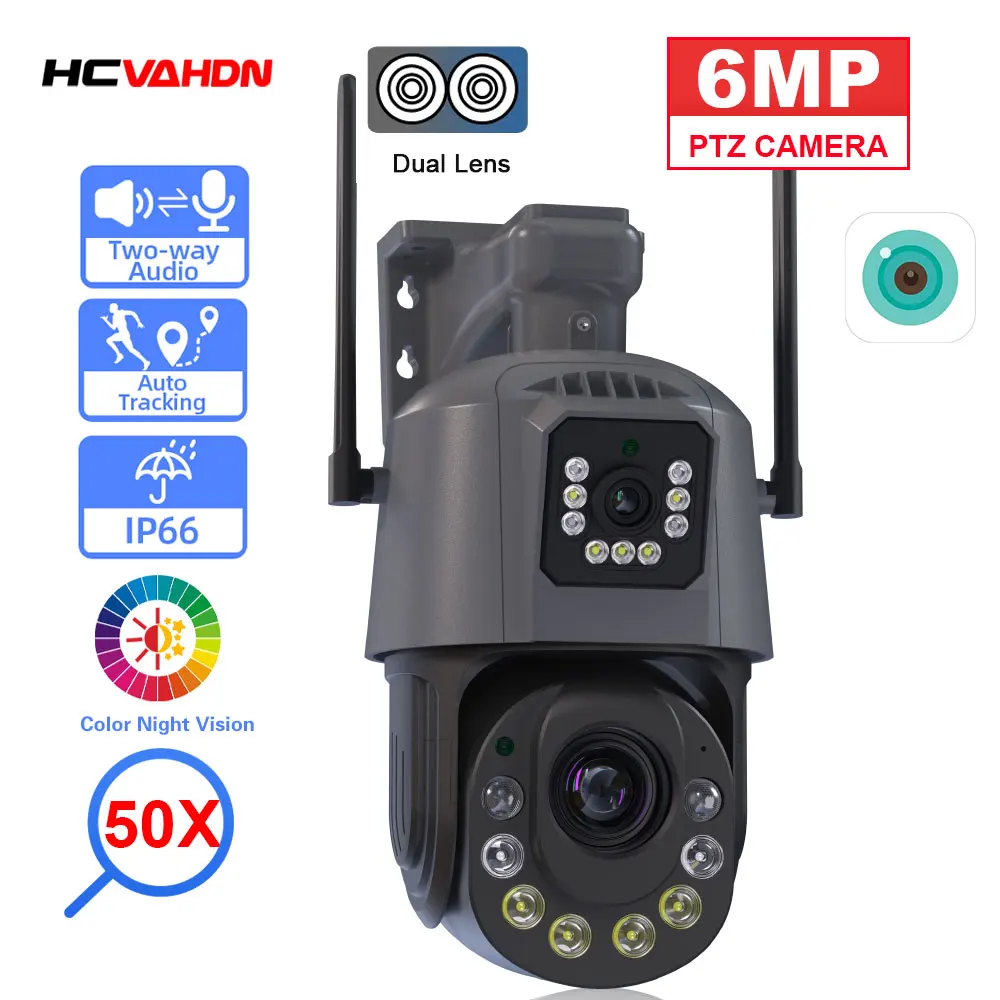 Outdoor XMEYE 6MP PTZ Security Camera with 50X Zoom Dual Lens CCTV Human Detection Wireless Video Surveillance Camera P2P ICsee