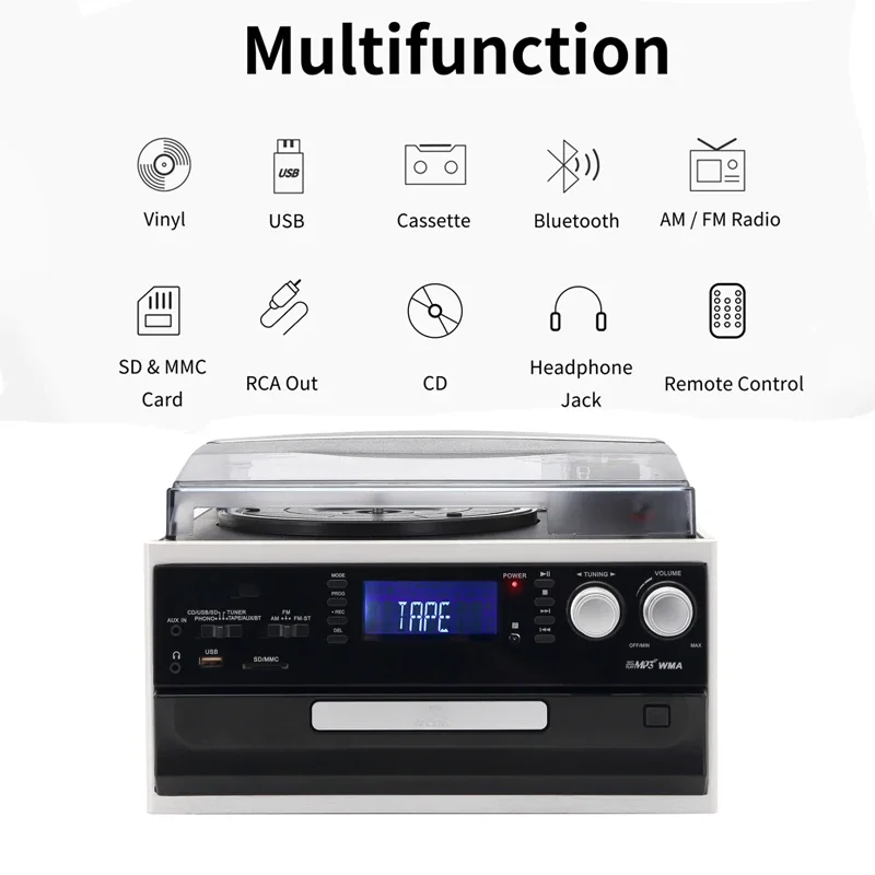 Wanling بلوتوث القرص الدوار USB مشغل كاسيت مشغل الفونوغراف الفينيل CD سجل AM FM راديو مشغل تسجيل مع مكبرات الصوت #5