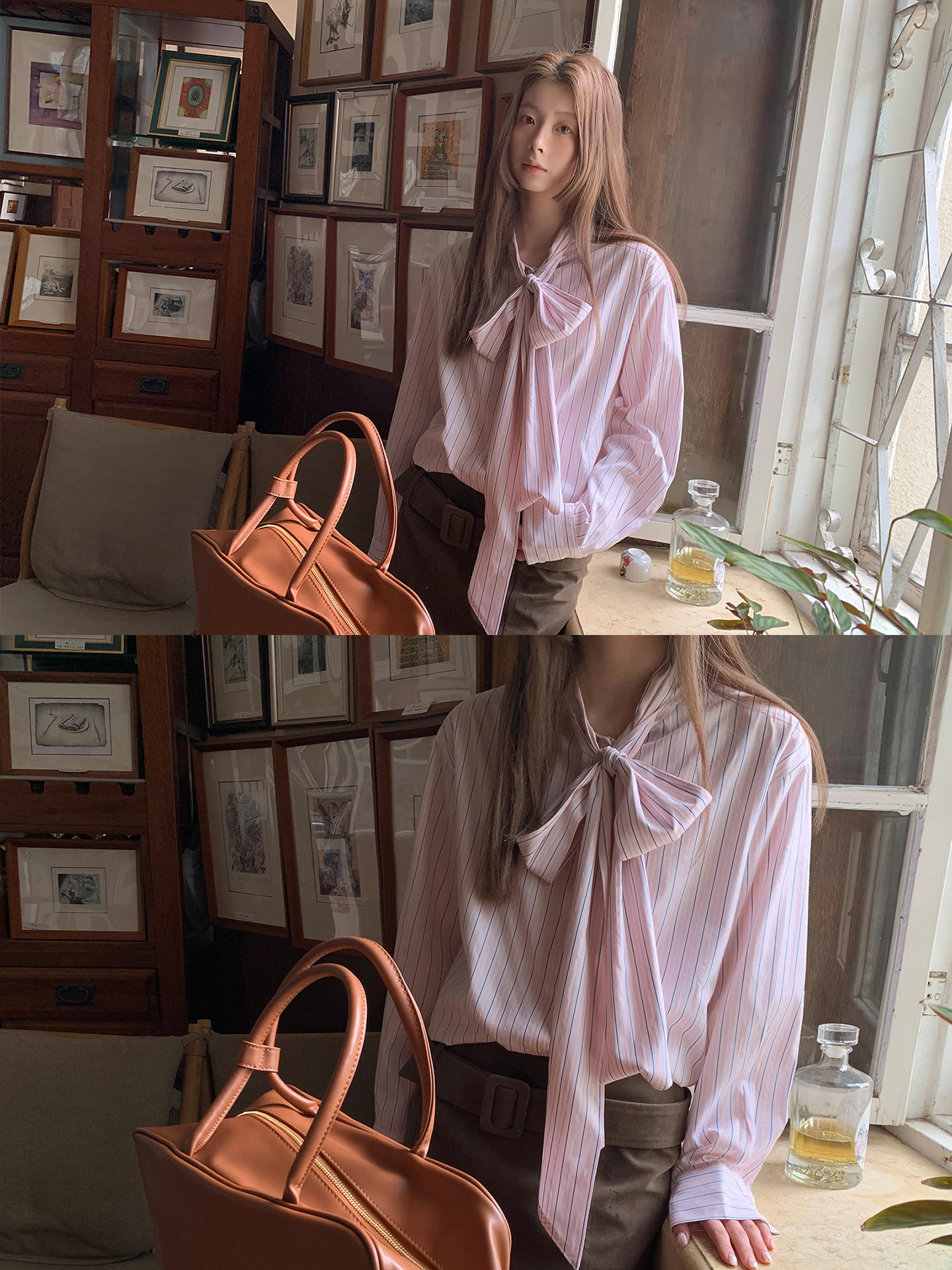 

G Sle Women's Striped irt Early Autumn New Pink Unique Beautiful Blouse Commute Sle Straight Tube Long Sve irt