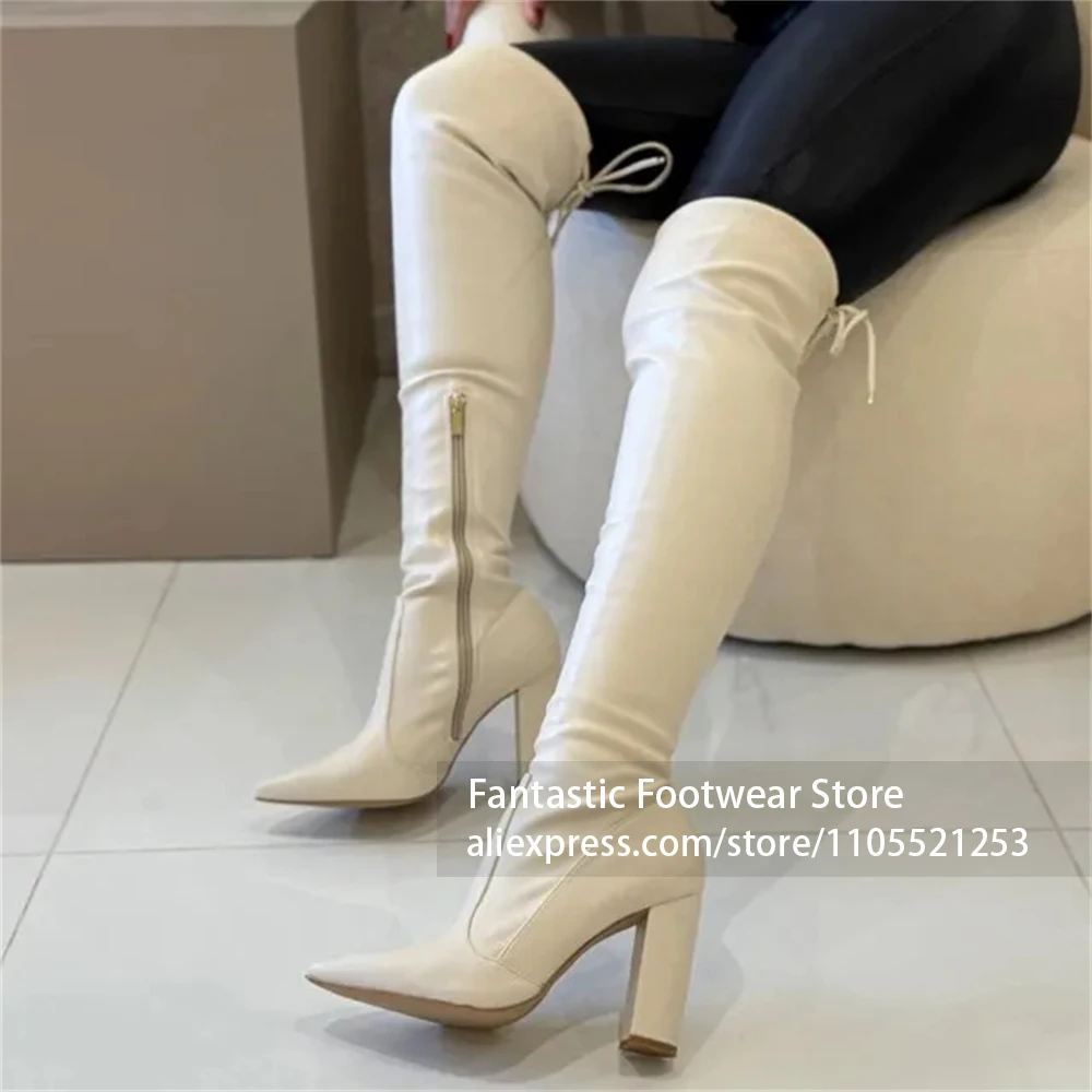 Square Thick Block Heel Boot Stretchy Tall Over-the-knee Shaft Over-the-knee Boot Inner Side Zipper Top Back Drawstring Tie Boot