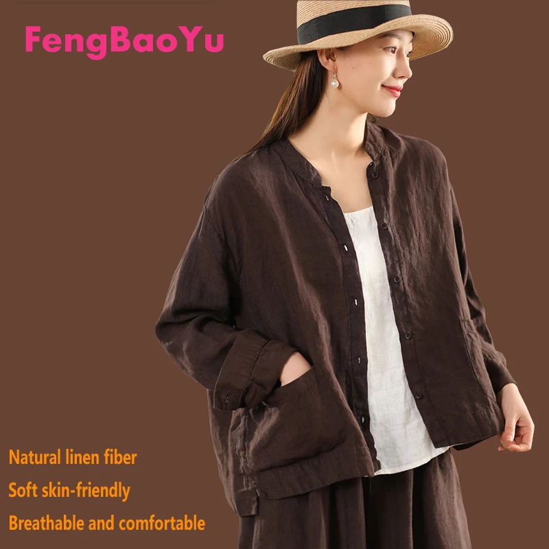 

100% Natural Linen Women's Shirt, Stand-up Collar Long-sleeved Top, Elegant and Stylish Wear, Breathable and Sweat-absorbent