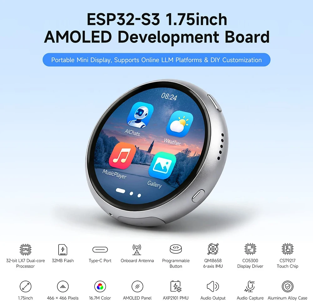 Waveshare ESP32-S3 1.75inch AMOLED Round Touch Display Development Board 466x466 Portable Mini Display for ESP-IDF Arduino-IDE