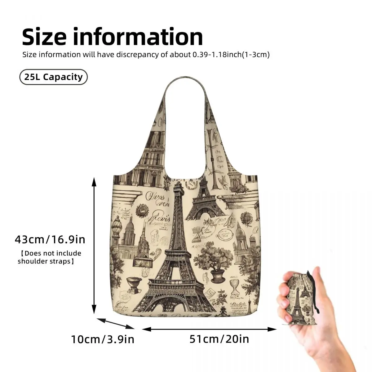 French Paris France Eiffel Tower Shopping Tote Bag Canvas Large Capacity Shoulder Bags Shopper Grocery Handbag for Women