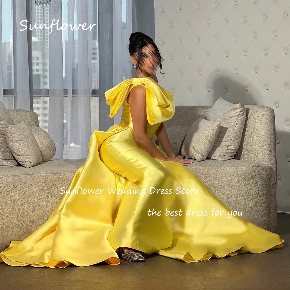 Sunflower Simple Yellow Bow One-Shoulder Satin Prom dress 2024 Slim Backless Floor-Length Evening Dress Mermaid Party Dress