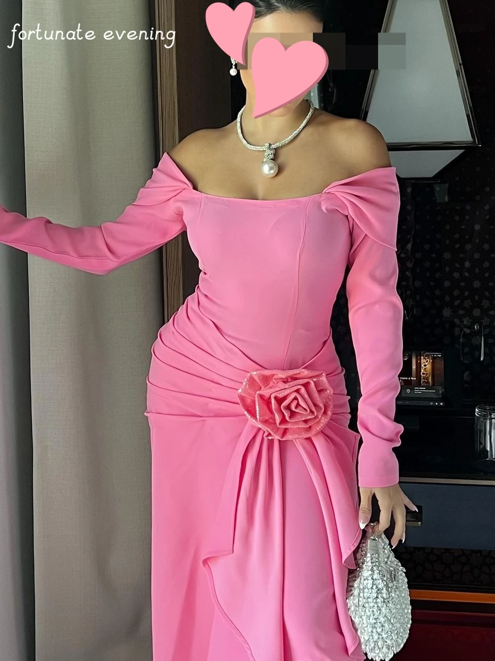 Fortunate Evening Elegant Vintage Sweet Pink Flower Ruffle Boat Neck Saudi Arabia Formal Occasion Prom Dress Evening Party Gowns