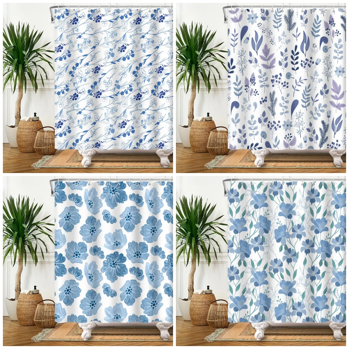 

Blue Floral Shower Curtain Watercolor Botanical Leaf Flower Print Waterproof Bath Curtain For Bathroom Decor Polyester With Hook