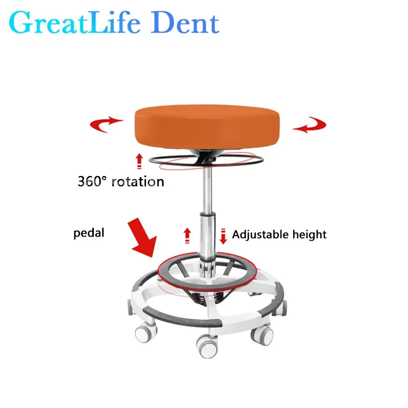 GreatLife Dental Ergonomic Beauty Salon ตัดผม Tattoo PU อานเท้าเหยียบยกหมุนปรับ Mute ล้อ Doctor เก้าอี้