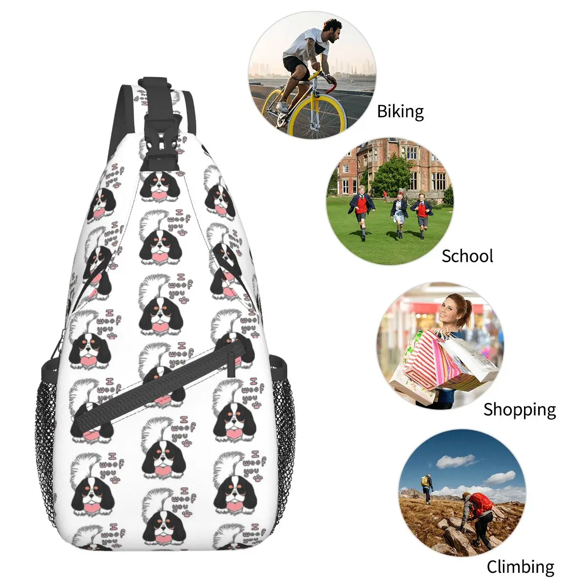 Peito Crossbody Sling Bag, Mochila de Ombro, Outdoor Sports Daypacks, Cão, Casual Bolsas, Cavalier King, William, Spaniel