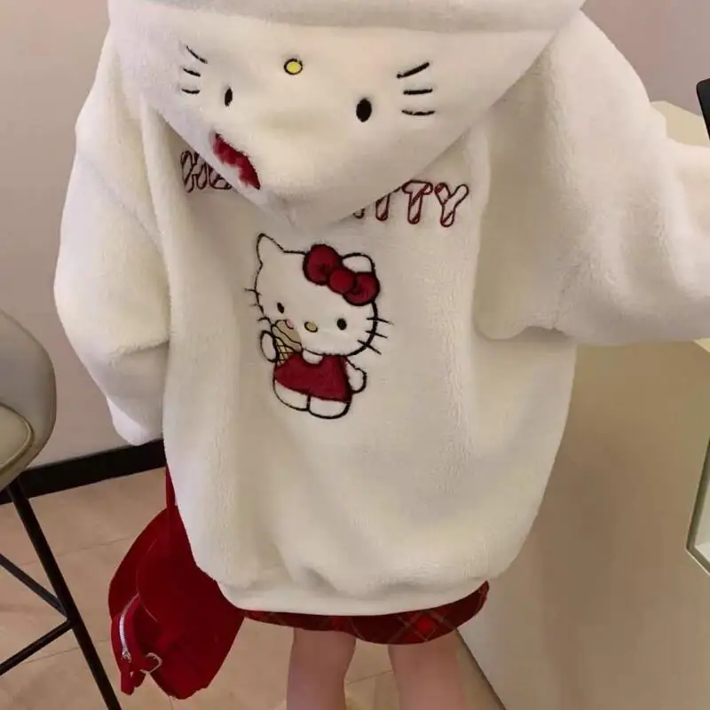 

Новая теплая женская куртка-свитшот Hello Kitty из флиса с начесом, утолщенная, из овечьей шерсти, свободного кроя, на осень-зиму