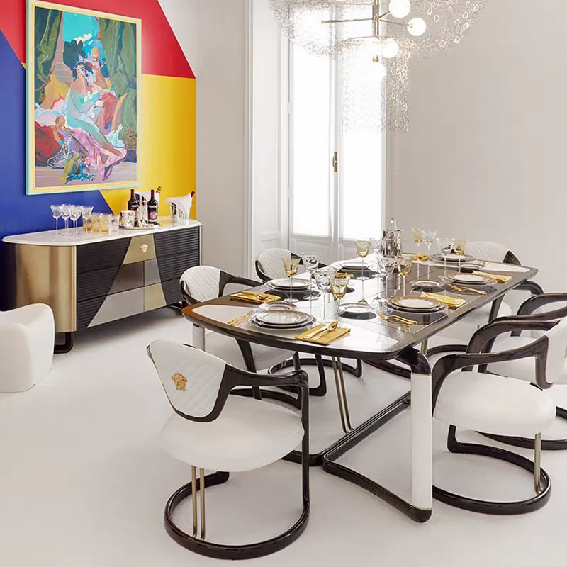 

Modern unique rectangular wooden dining table with 6 dining chairs villa home dining room furniture set