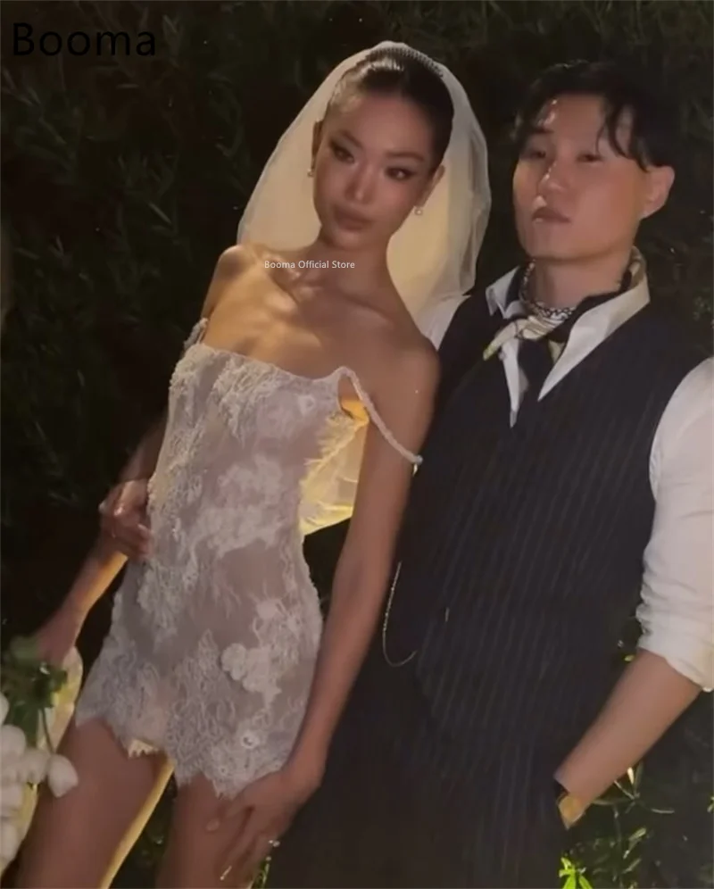 Booma حورية البحر أنيقة الدانتيل السباغيتي حزام فساتين زفاف قصيرة قصيرة الدانتيل يزين بلا أكمام فستان العرائس مخصص 2025