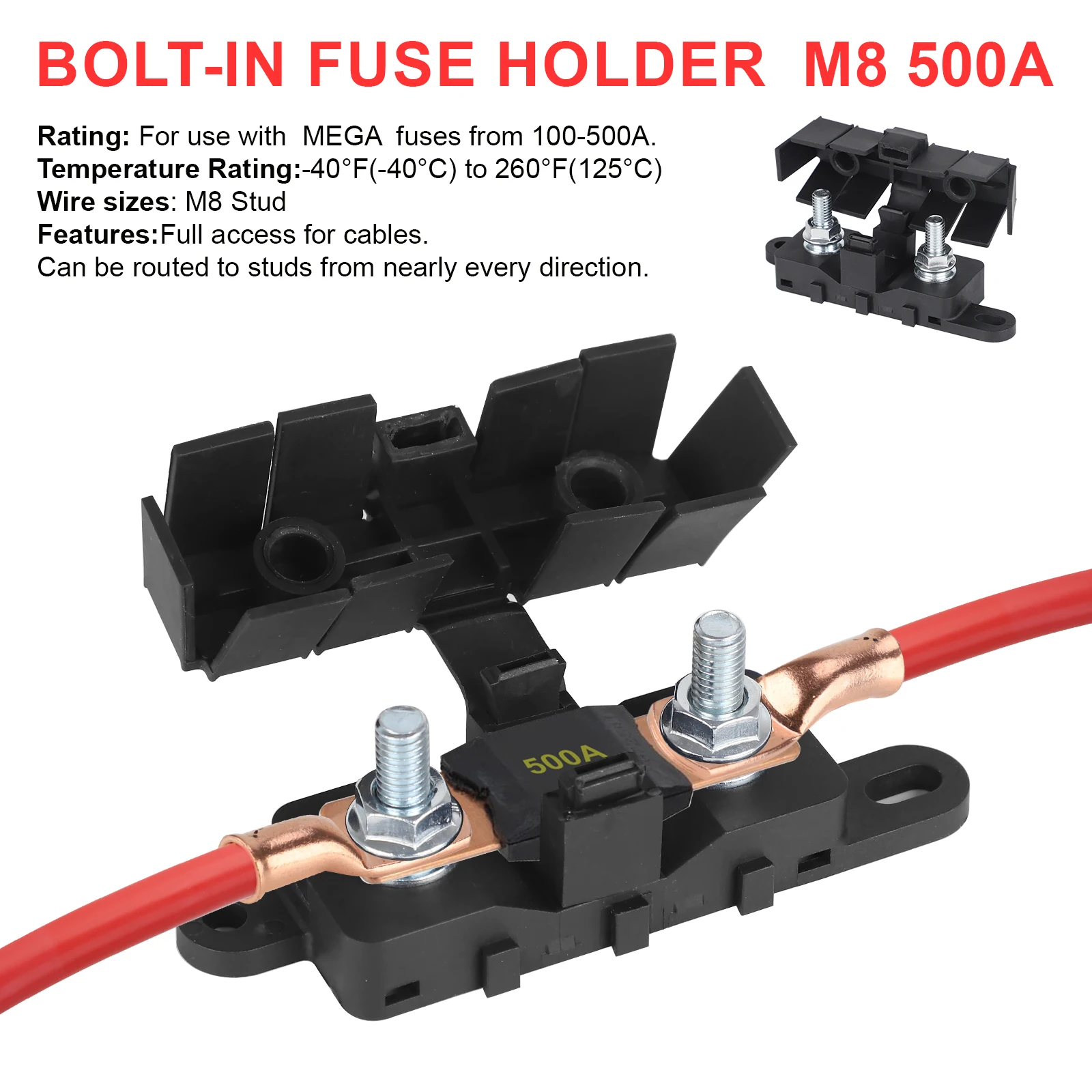 Automotive Fuse Holder Block M8 Studs For Marine Boat 40A-500A 70V Max Cover For MEGA ANL Bolt-On Blade Flat Type Fuse
