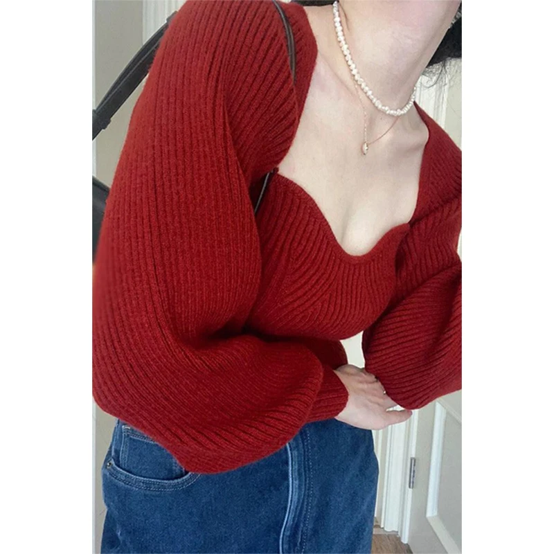 Red Square Collar Knitted Sweater Women 2024 Spring  Autumn French Style Retro Long Sleeved Top Slim Fit Versatile Pullover