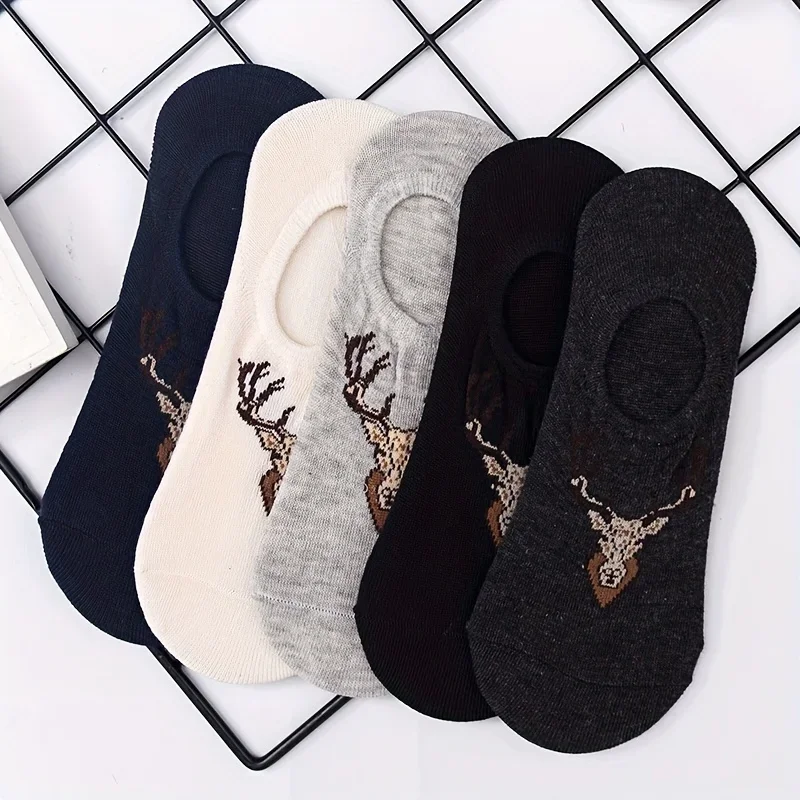 

5 Pairs Men's Stylish Christmas Deer Ankle Liner Socks Men's Dress Business Socks Casual Non-slip Crew Socks Running Socks