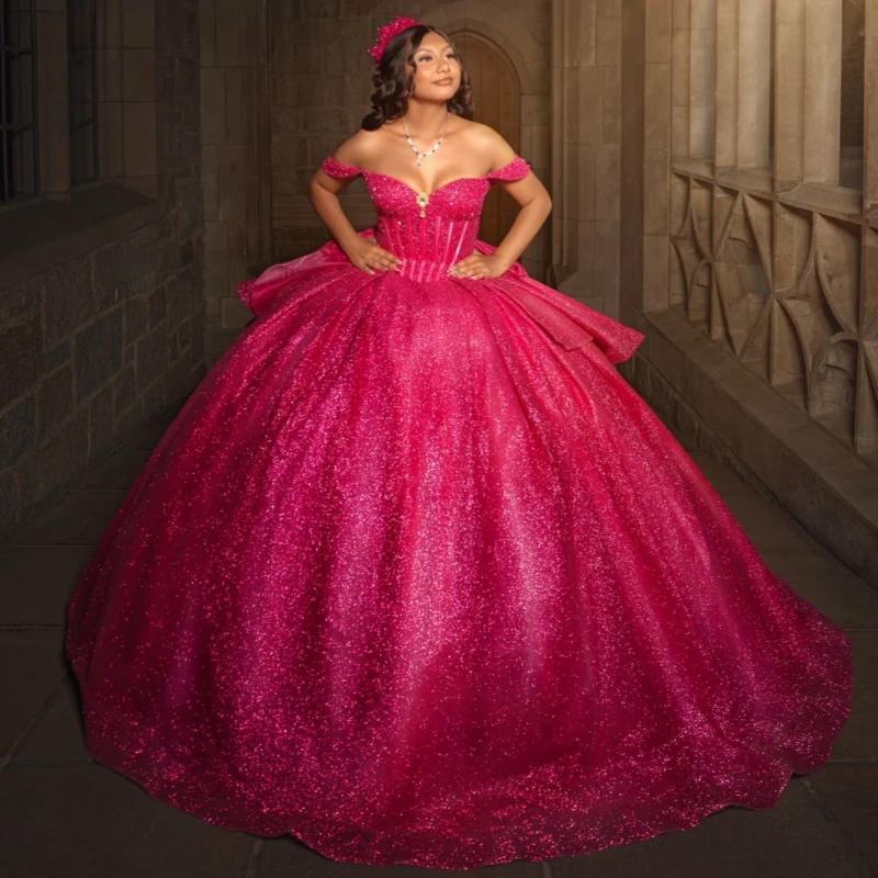 فساتين Quinceanera باللون الأحمر الوردي اللامع قبالة الكتف مطرز بالخرز كريستال القوس تول مشد حفلة عيد ميلاد الحلو 16 فستان Vestidos 15 De #1