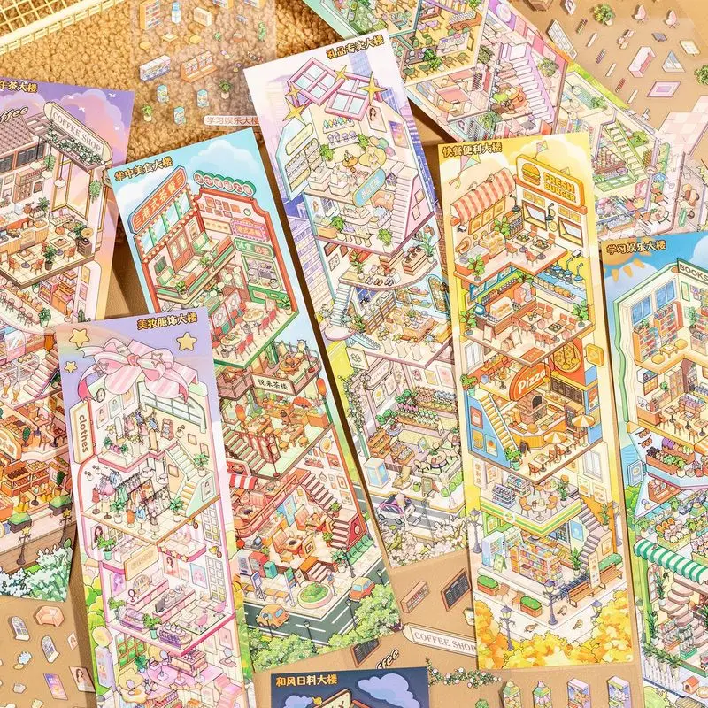 16Pcs Multi-story Mall PET Sticker Book, City Store Landscape Decorative Decals for Diary Planner Handmade Decor