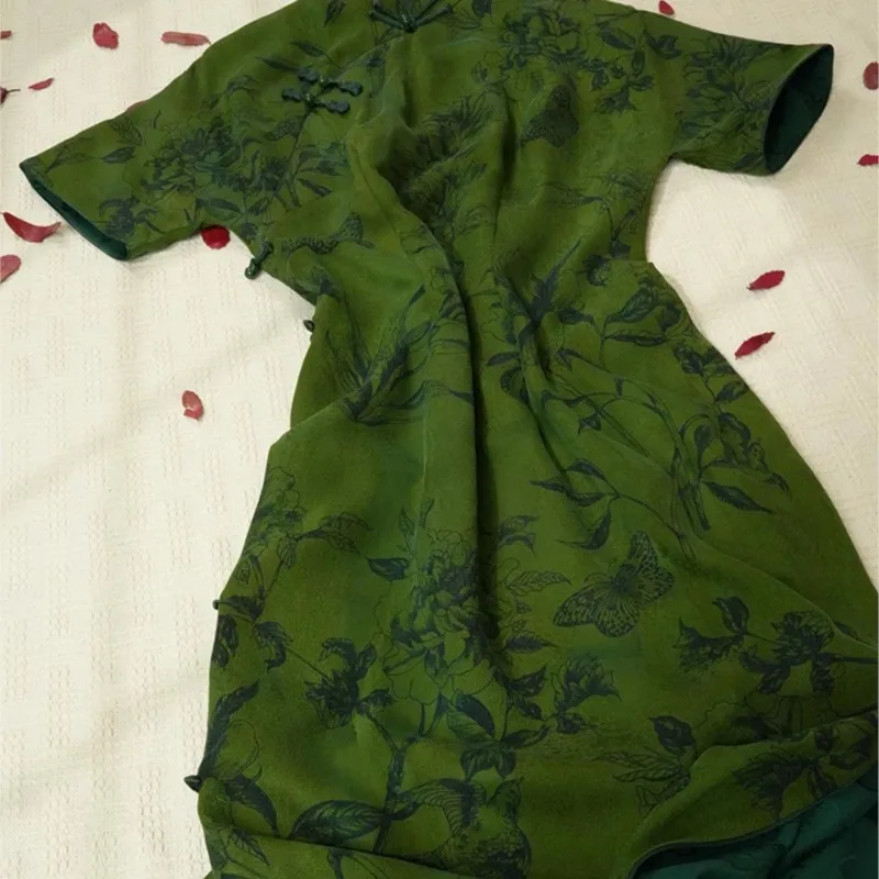 

New Chinese Style Improved Cheongsam Dark Green Printed Bottoming Dress