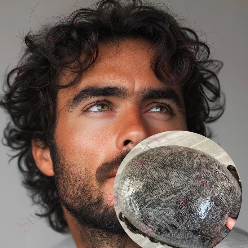 28 ملم مجعد # 3 # 4 شعر مستعار بني للرجال بقاعدة ميكروسكين غير قابلة للاكتشاف، خط شعر طبيعي للرجال مجعد 100% شعر بشري صناعي #2