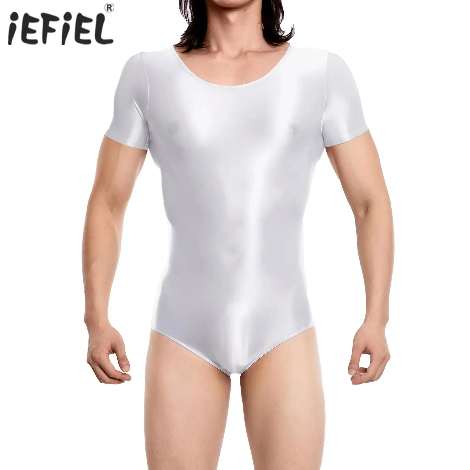 

Mens Short Sleeve Oil Shiny Glossy Tights Sexy Bodysuit Lingerie Translucent Glossy Jumpsuit Swimwear Stretchy Leotard Costume