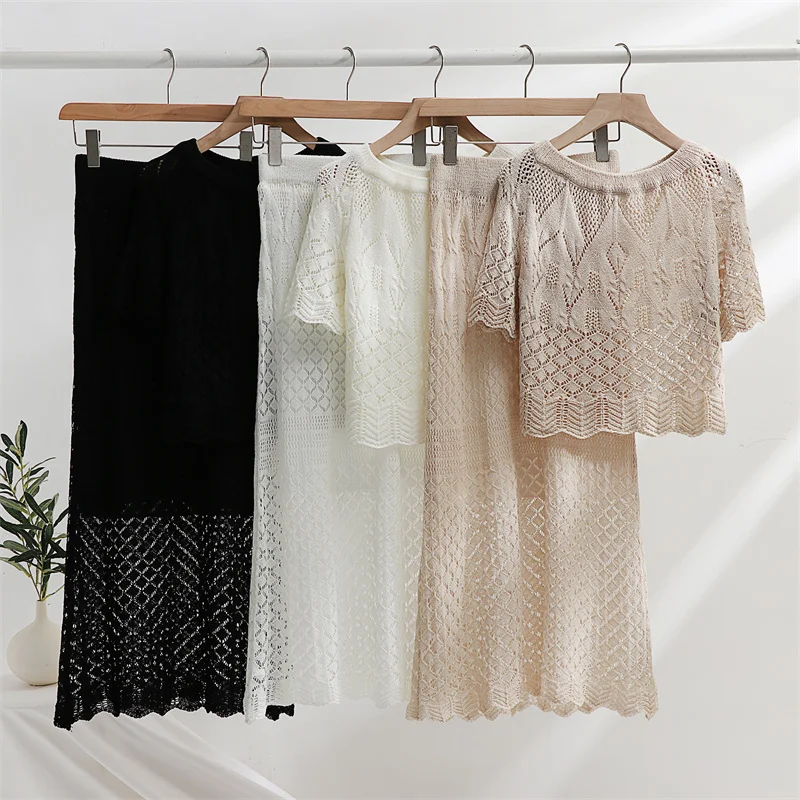 Elegant Summer Two Piece Skirt Set Women White Short Sleeve Knit Skirt 2 Piece Set Casual Knitted Two Piece Set For Women 2024