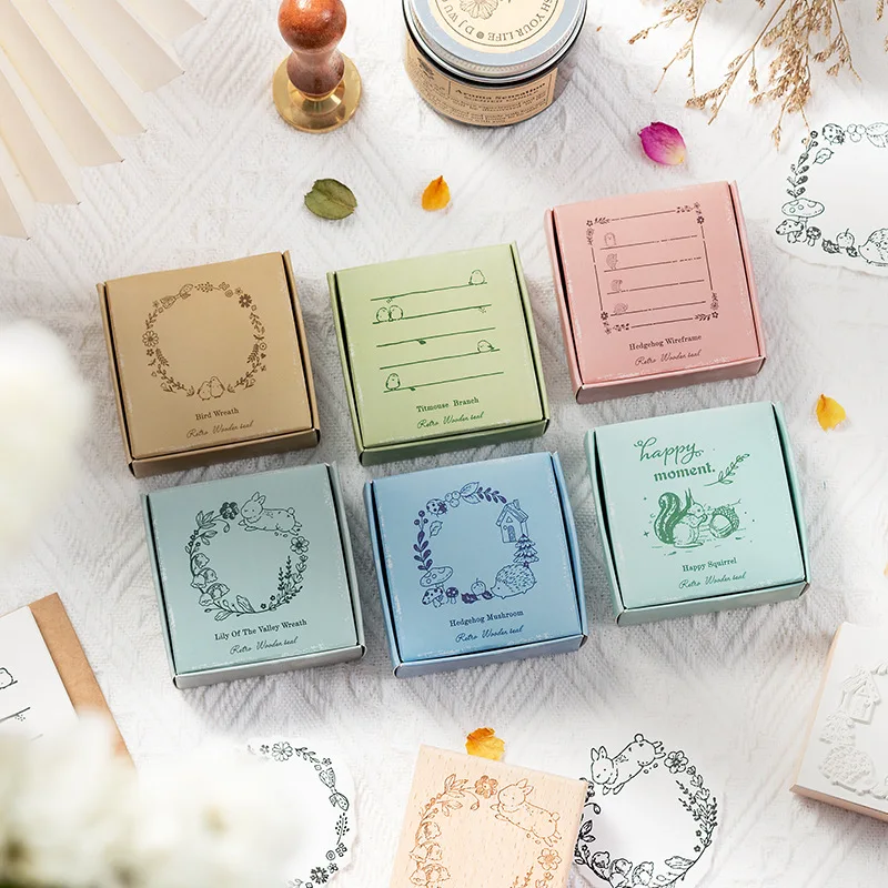 Light Retro Handbook Seal Message Box Series Happy Squirrel Handbook Decoration Material Printing Stamp 6 Styles Assorted Stamp