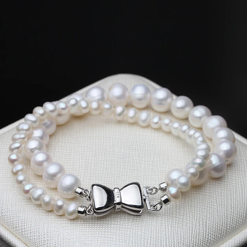 Wedding Round Natural Freshwater Double Pearl Bracelet Women,White Fashion Cute 925 Silver Bracelet Anniversary Gift