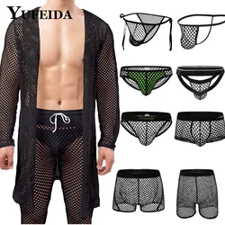 YUFEIDA Men's Sexy Hollow Out Bathrobes Fishnet Underwear Mens Kimono Robes Sleepwear Briefs Thongs Shorts Dressing Gown Pajamas