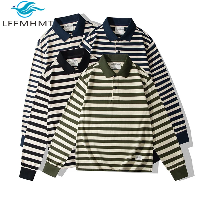 220g/² Cotton Good Quality Cotton Striped T-shirt for Men Spring Fall Fashion Long Sleeve Polo-shirt America Casual Pullover Top