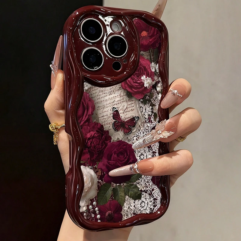 Schmetterling-Bedruckte Flache Handyhülle in Weinrot mit Cremetextur für iPhone 18 17 16 15 14 13 12 11 Pro Max Plus 17e