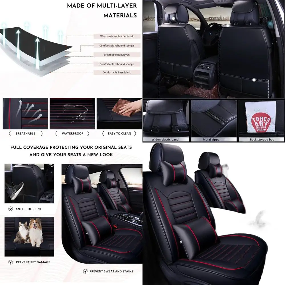 

Универсальные чехлы для автомобильных сидений из искусственной кожи с подушками, черно-красные, водонепроницаемые и дышащие, для легковых автомобилей, внедорожников и грузовиков